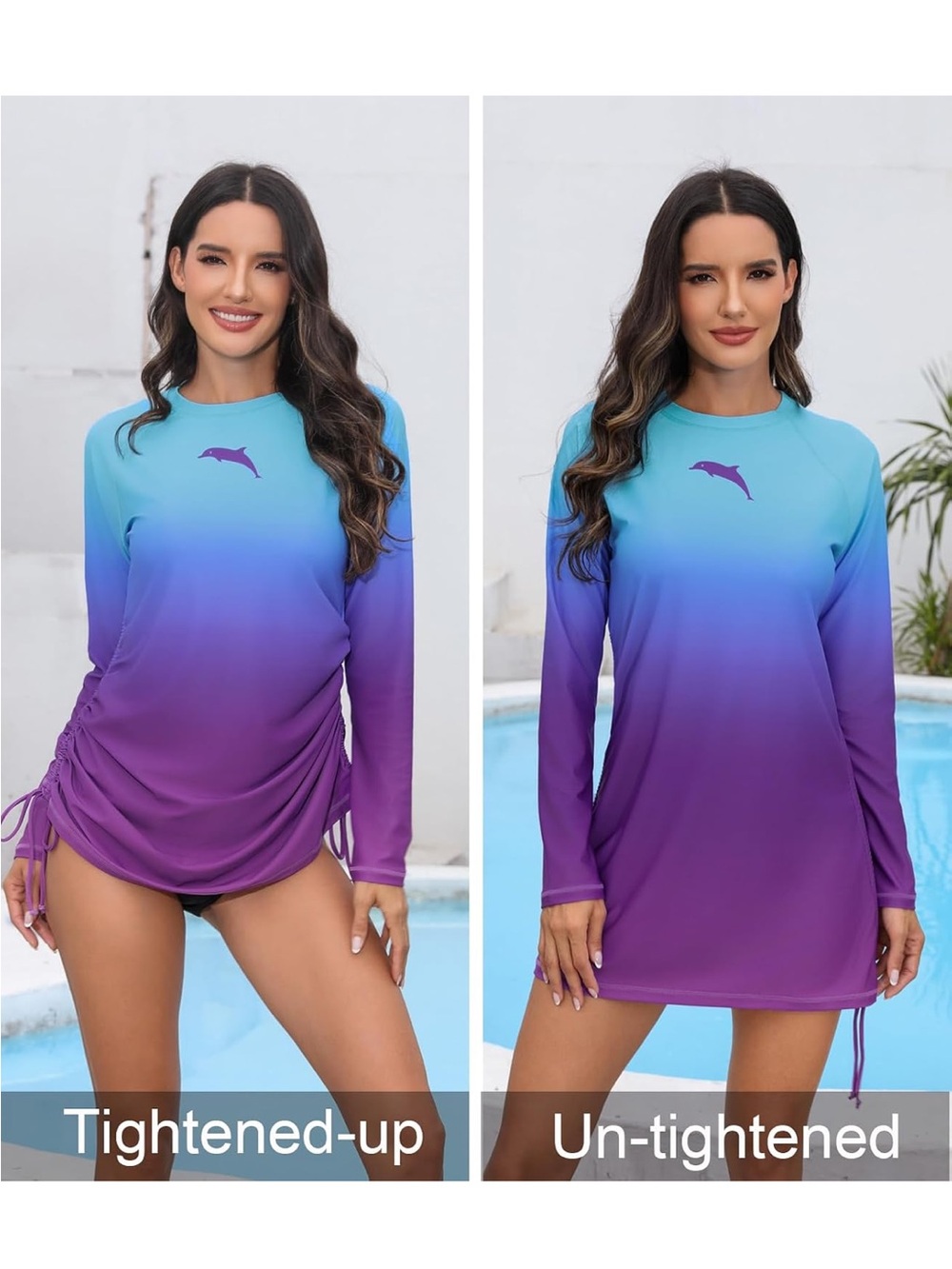 Dolphin Logo Gradient Long-Sleeve Swim Coverup — Aqua to Purple 2Xl
